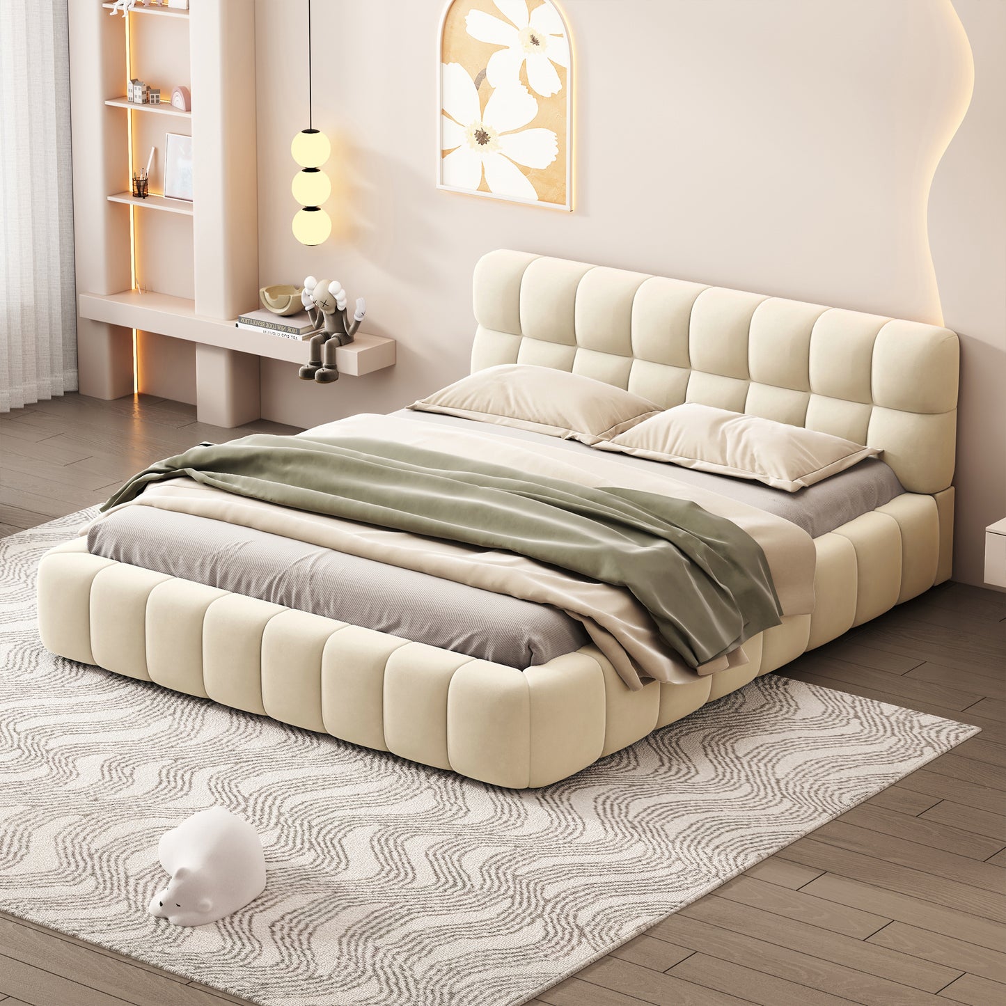 Modern Queen Grounded Bed: Beige Thick Fabric Upholstered Platform Bed