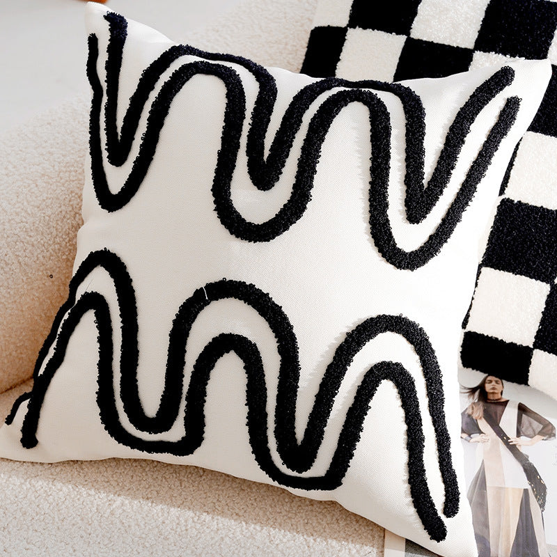 French Forest Checkerboard Pillow Cover – Black & White Ins Style Throw Cushion for Sofa, Bay Window, or Bed – Cover Only