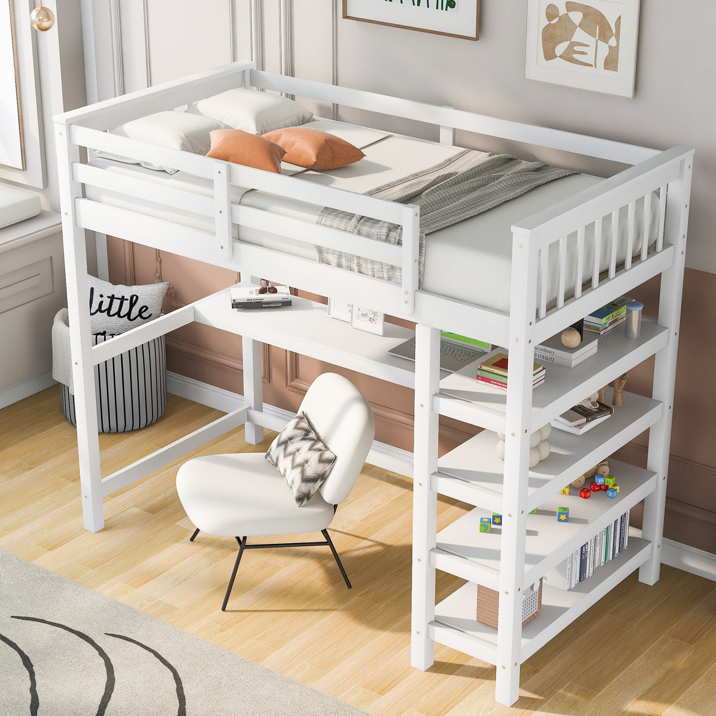 Bunk Loft Bed, with Storage Shelves and Underbed Desk, with LED Lights, White