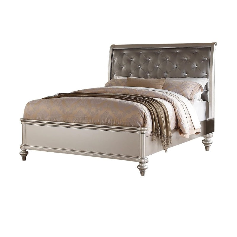 Silver Faux Leather Glamorous 3pc Bedroom Set Queen Size Bed 2x Nightstands Tufted Headboard Furniture