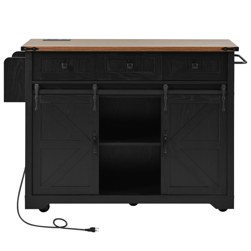 Black Rolling Kitchen Cart - 53.7" Island with Barn Doors & Storage