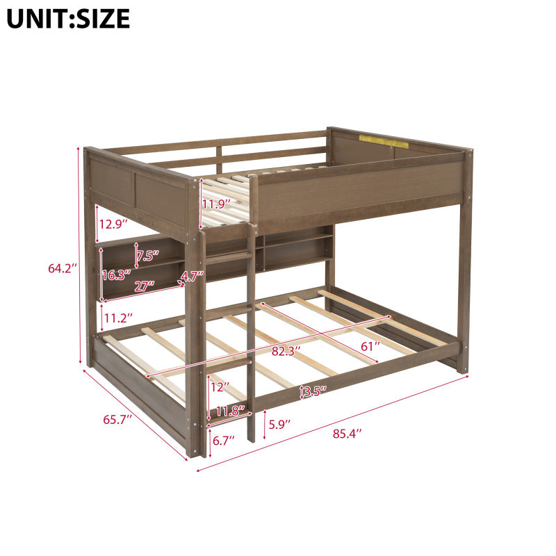Antique Wood Queen Bunk Bed with Storage & USB Ports