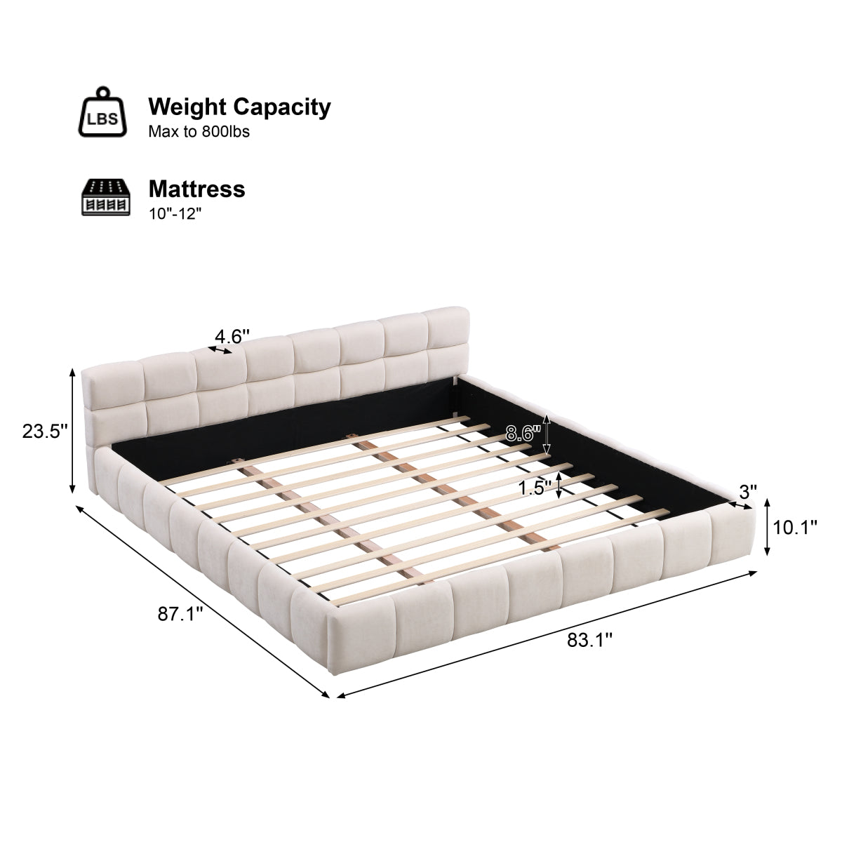 Elegant Beige Chenille Upholstered Bed with Checkerboard Design, King, Beige