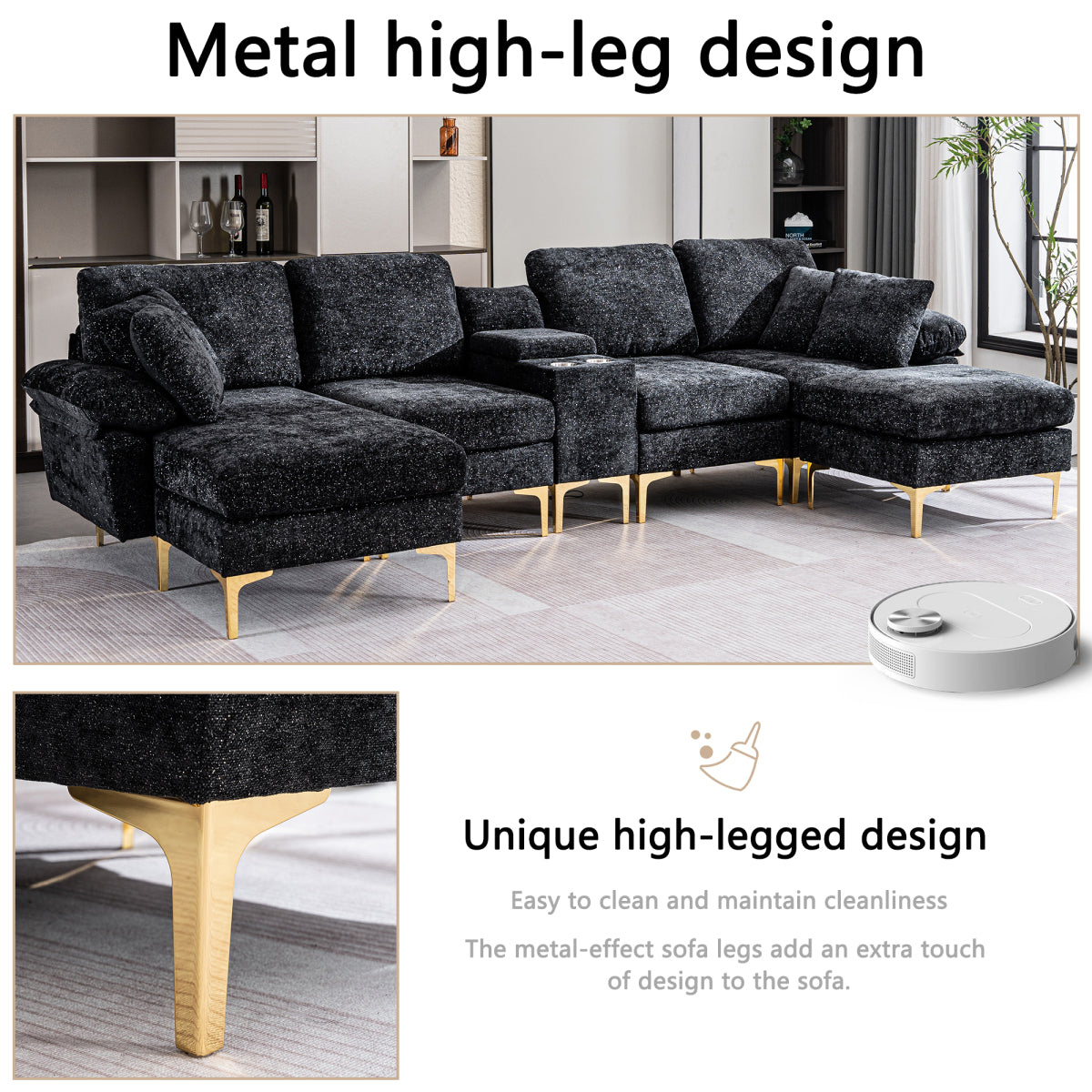 125.9" U-Shaped Modular Chenille Sofa: Cloud Sectional with Power Recliner, USB & Ottoman