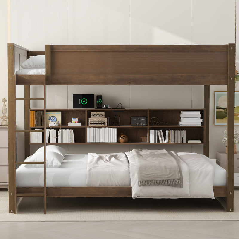 Antique Wood Queen Bunk Bed with Storage & USB Ports