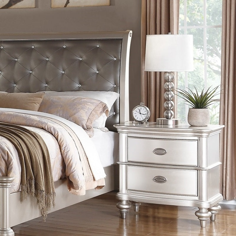 Silver Faux Leather Glamorous 3pc Bedroom Set Queen Size Bed 2x Nightstands Tufted Headboard Furniture