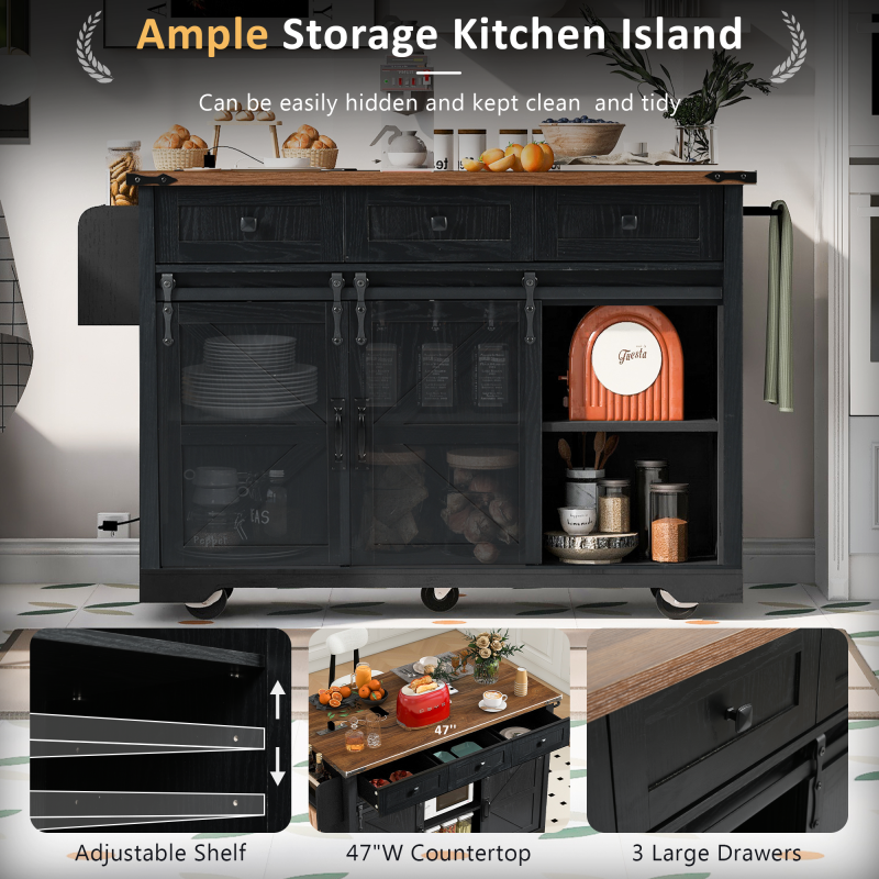 Black Rolling Kitchen Cart - 53.7" Island with Barn Doors & Storage