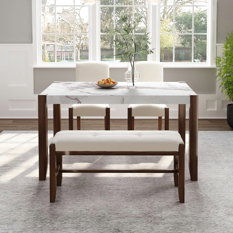 4-Piece Modern Dining Set - Faux Marble Table with 2 Chairs & Bench