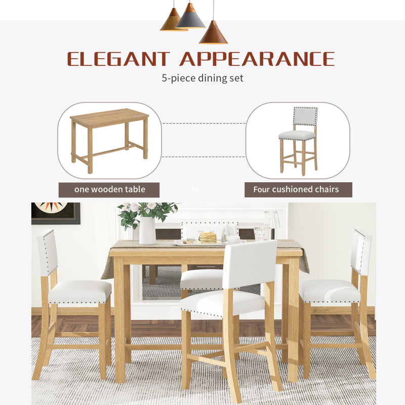 5-Piece Counter Height Dining Set - Natural Wood Table with 4 Chairs