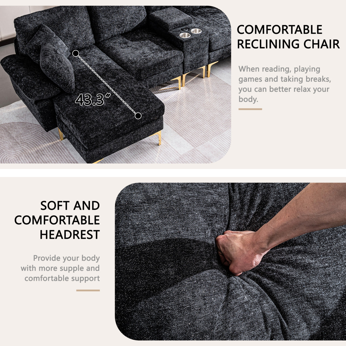 125.9" U-Shaped Modular Chenille Sofa: Cloud Sectional with Power Recliner, USB & Ottoman